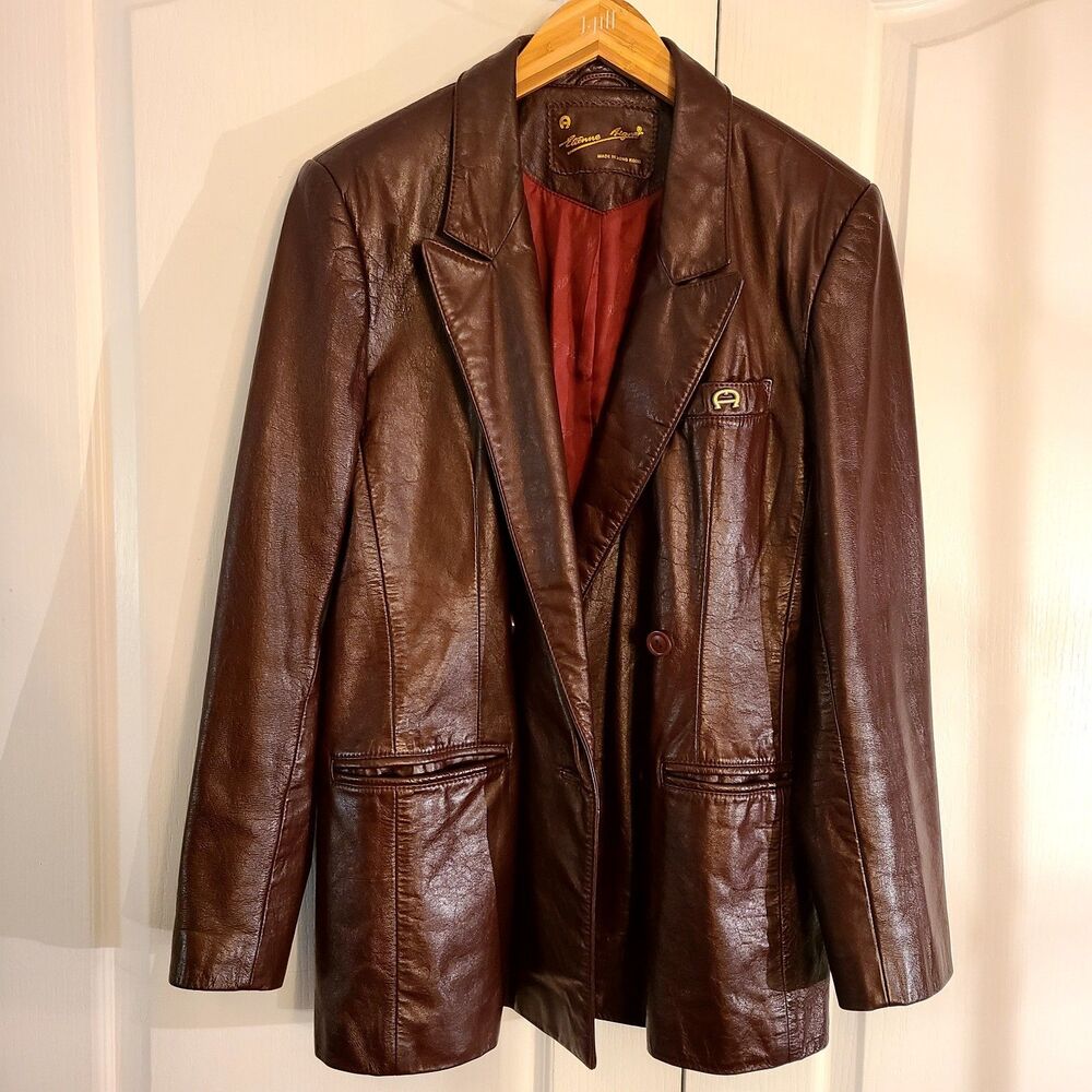 Vintage Etienne Aigner Leather Coat Jacket Blazer Sz 12 Brown Burgundy Oxblood